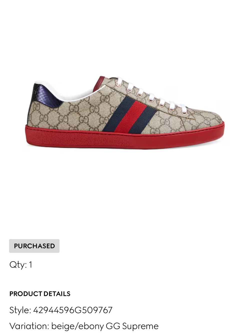 Gucci Beige GG Supreme Sneaker with Red Sole and Navy-Red Web